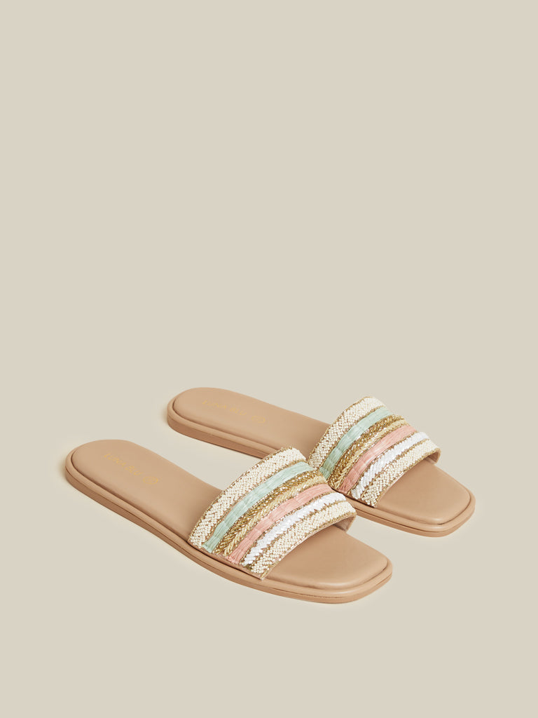 LUNA BLU Beige Artisanal-Embellished Slides